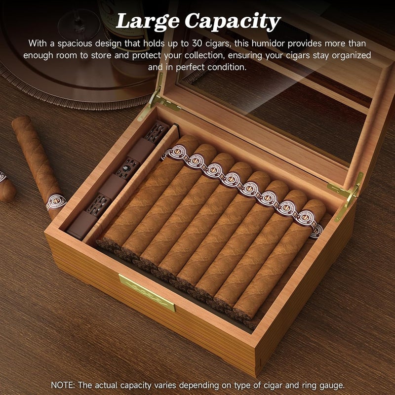 TISFA Cigar Box Handcrafted Humidor with Hygrometer and Humidifier, Cedar Wooden Humidor Case with Drawer, Divider, Cigar Length Gauge, Desktop Humidor Box Gifts Cigar Accessories (Light) - Image 4